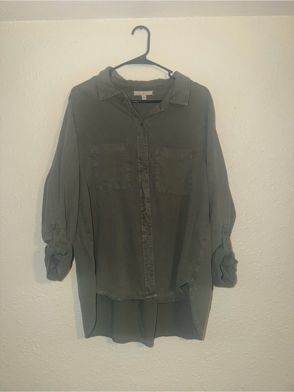 Women's Olive Green Button-Down Shirt with Roll-Tab Sleeves